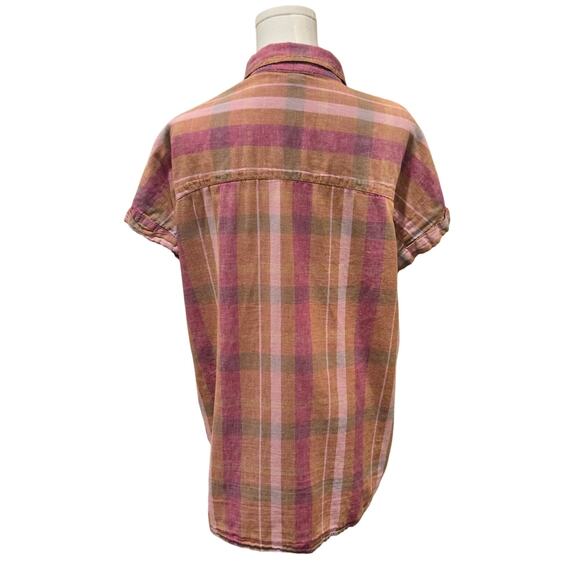 Beachlunchlounge Linen Blend Plaid Pink Orange Short Sleeve Button Down Large - Picture 4 of 8